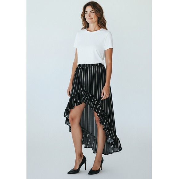 Express Dresses & Skirts - Express Black White Striped High-Low Ruffle Hem Elastic Waist Skirt Women's  M